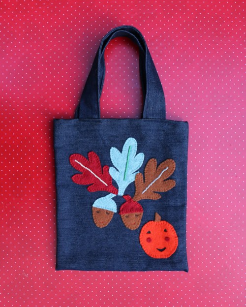 Childs Autumn Leaves and Acorns Tote Denim Felt Bag